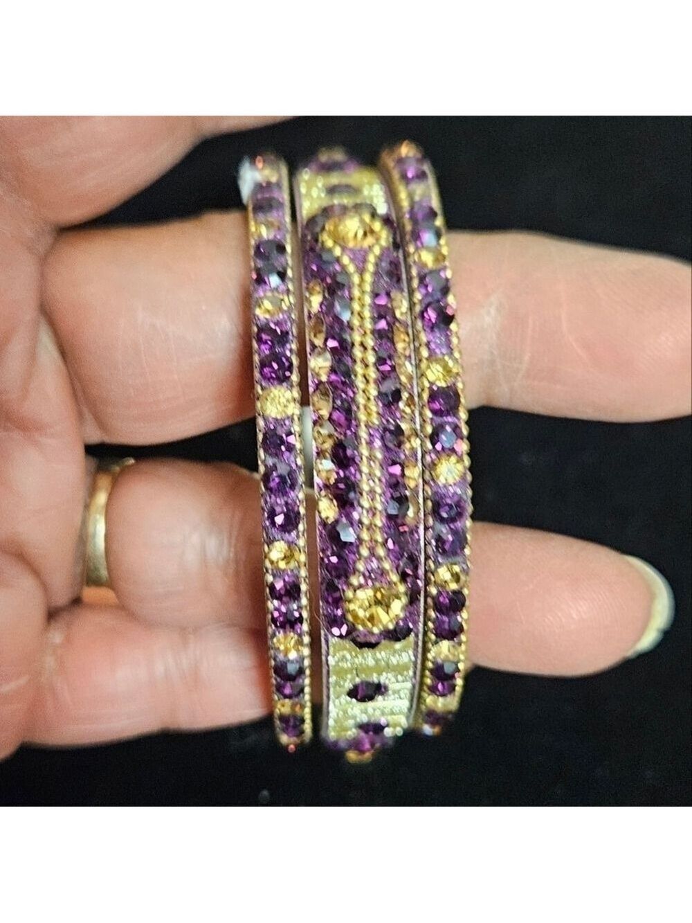 Vintage 3 Purple, Pink and Yellow Rhinestones on Gold-tone Metal Bracelet Bands